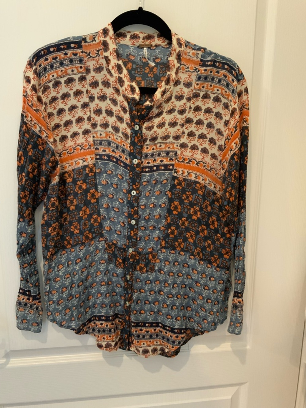 Free People Boho Patchwork Button-Front Blouse in Blue, Orange, Cream. Sz L
